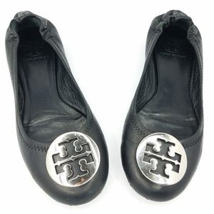 Tory Burch Flats Black Leather Silver 6.5